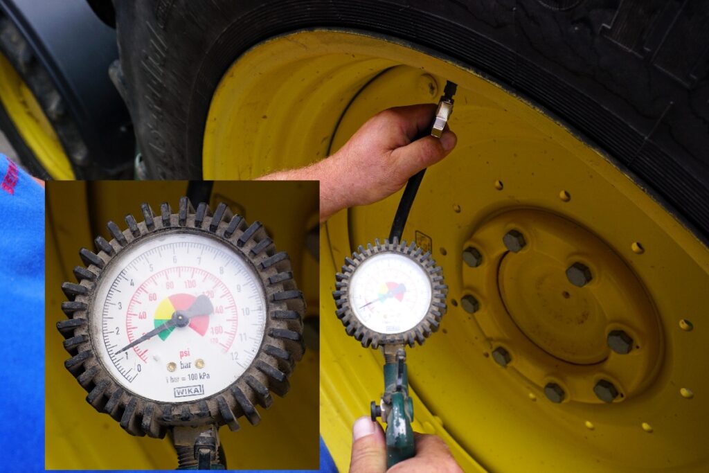 Pomiar ciśnienia w oponie ciągnika napełniinej cieczą © Traktor24.pl